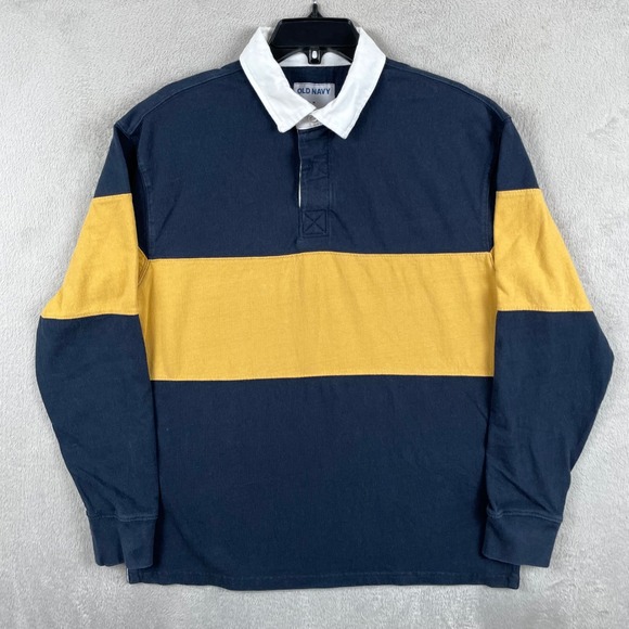 Old Navy Other - Old Navy Rugby Shirt Men Medium Navy Blue Yellow Stripe Long Sleeve Polo Preppy